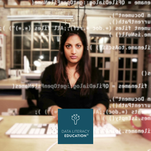 Data Literacy Kompetenzrahmen, Stifterverband. Symbolfoto mit junger Frau im Hintergrund, PC Text sowie Logo der Publikation.