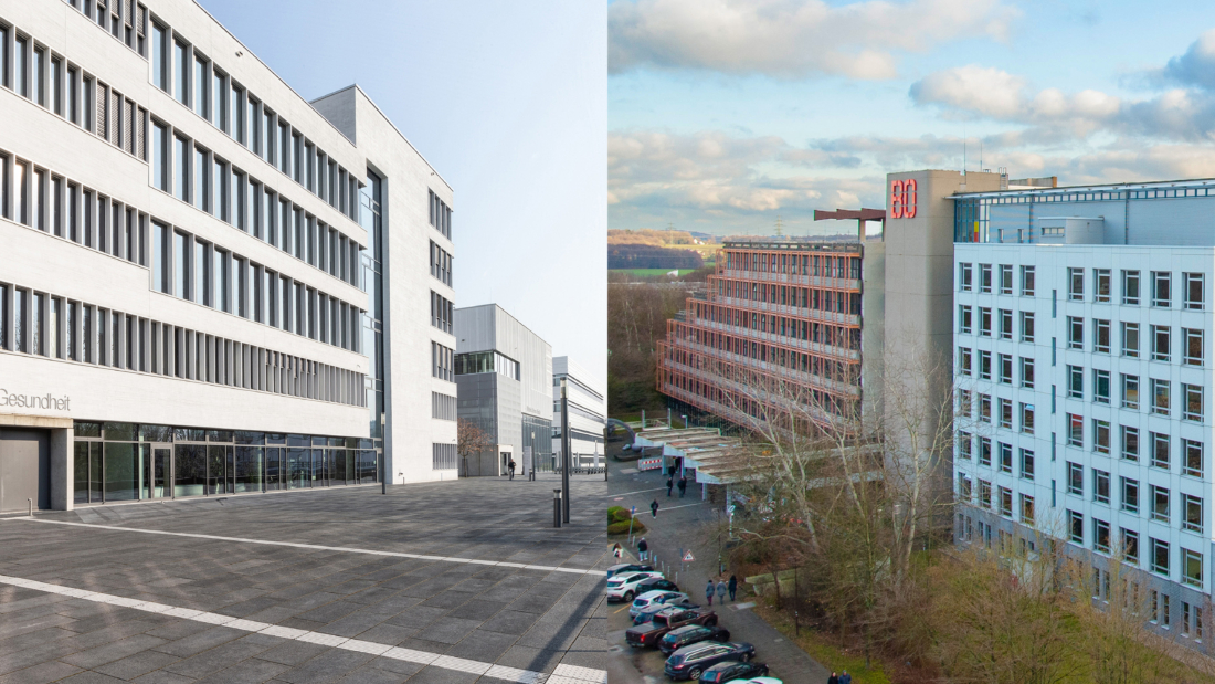 Foto vom Campus der Hochschule für Gesundheit, daneben Foto vom Campus der Hochschule Bochum