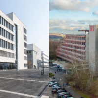 Foto vom Campus der Hochschule für Gesundheit, daneben Foto vom Campus der Hochschule Bochum