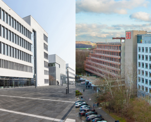 Foto vom Campus der Hochschule für Gesundheit, daneben Foto vom Campus der Hochschule Bochum