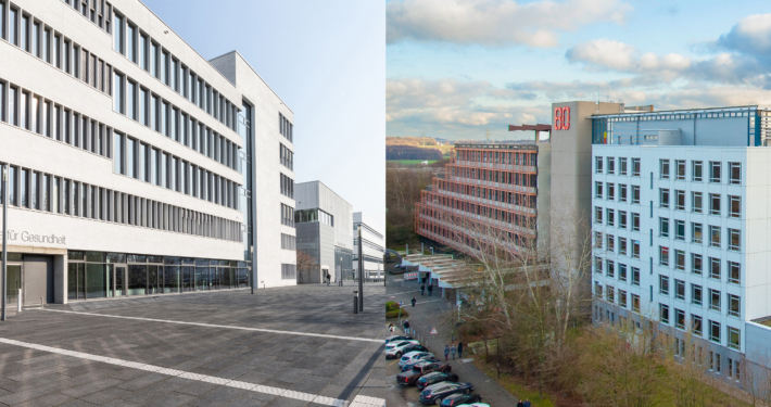 Foto vom Campus der Hochschule für Gesundheit, daneben Foto vom Campus der Hochschule Bochum